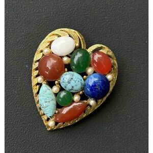 Vintage BSK Faux Gemstone Glass Cabochon Gold Tone Heart Multicolor Pin Brooch